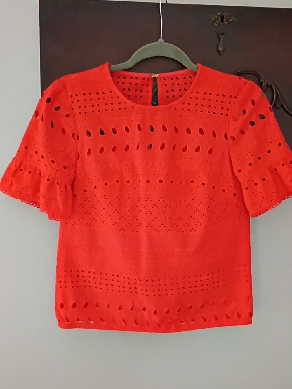 Trina Turk Bright Red Eyelet Ruffle Sleeve Blouse